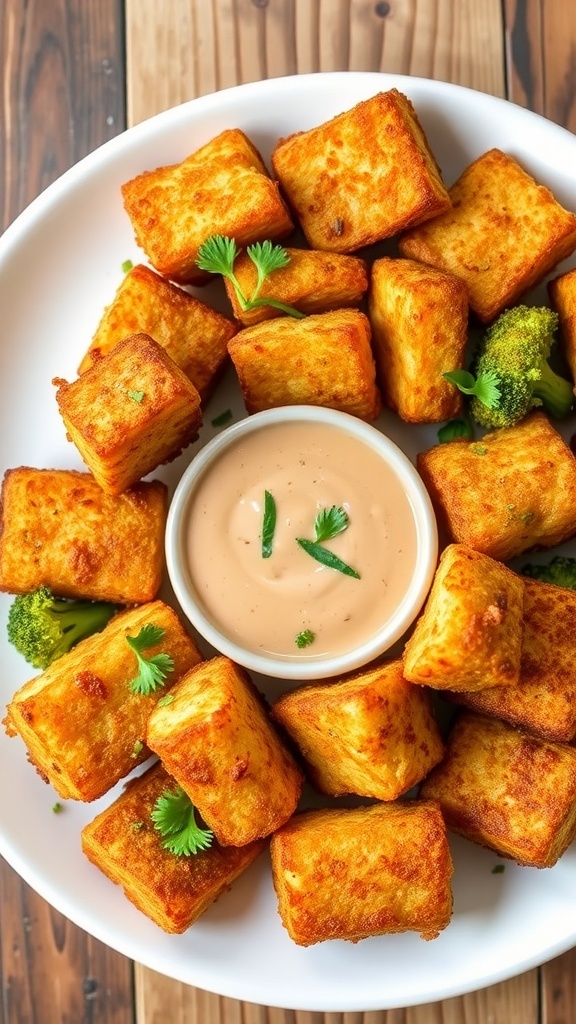 Crispy Air Fryer Broccoli Tots Recipe Crispy broccoli tots on a plate with dipping sauce, garnished with herbs.
